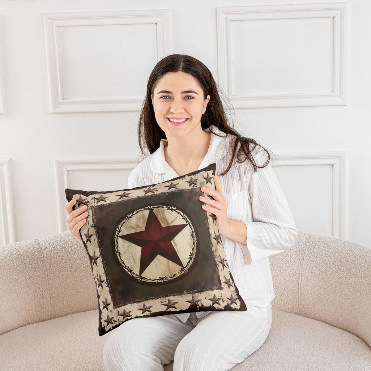 Homewish Vintage Red Star Pillow Cover Southwest Cowboy Style Cushion Case for Kids Teens Adults Retro Plaid Stars Decor Cushion Cover for Chairs Couch 18x18 Inch image 4