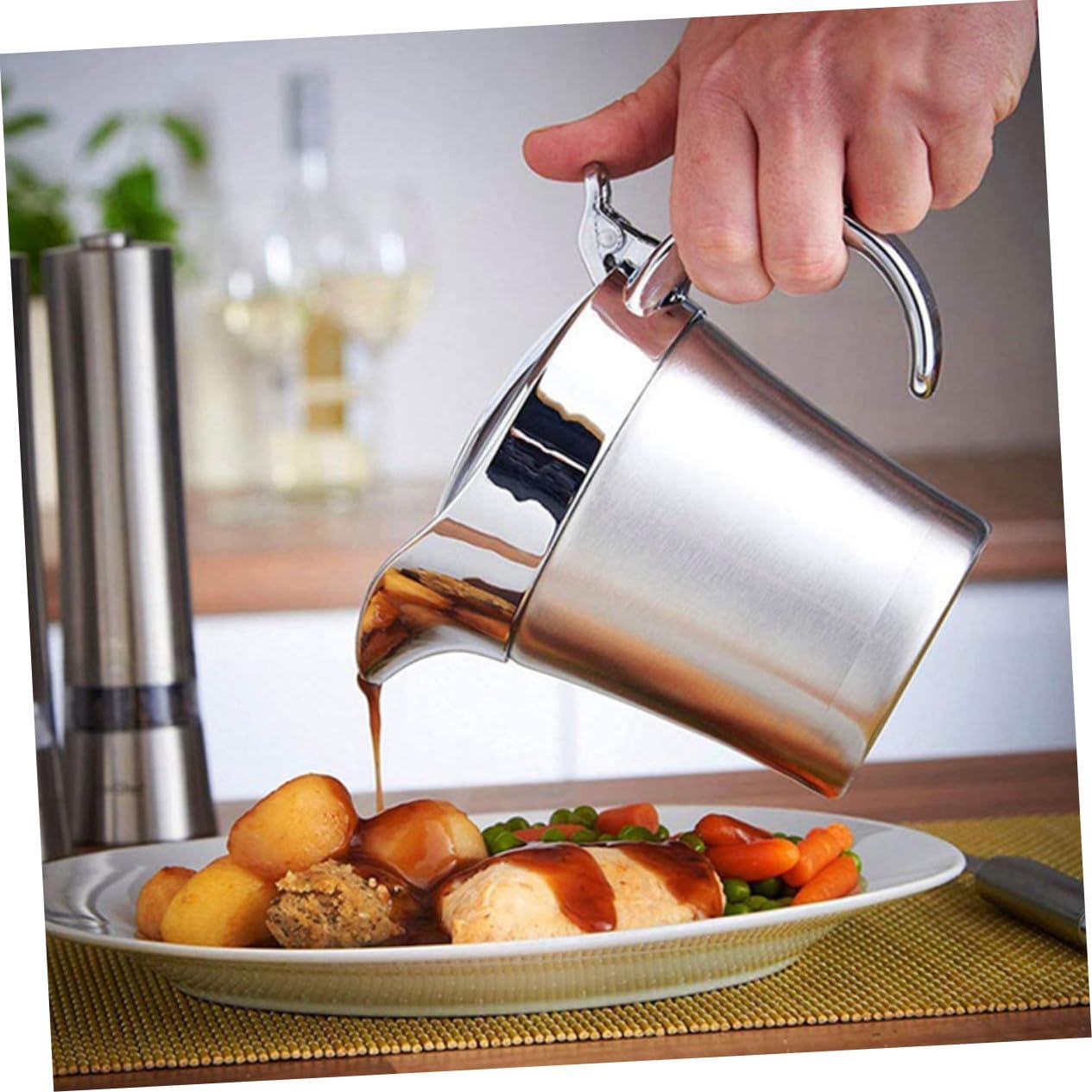 Zerodeko Pot à Sauce Inox 304 Double Paroi 450 Ml Couvercle en Acier Inoxydable Distributeur Isolant pour Restaurant la Cuisine Maison
