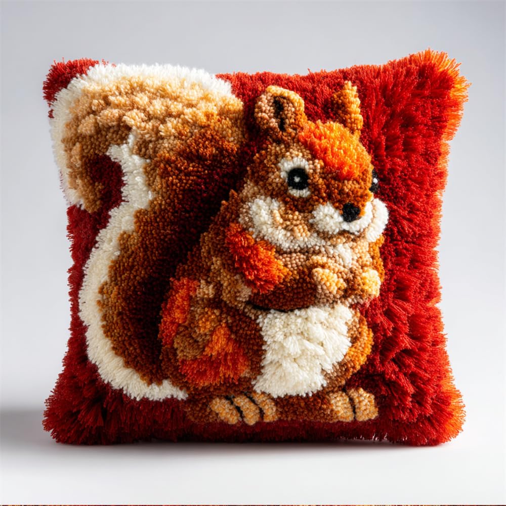 Kitquiver Latch Hook Cushion Kits for Adults - 17X17Inch, Red Squirrel Latch Hook Pillow Case Kits Embroidery 43X43Cm, DIY Needlework Pillow Cover Cushion Rug Making, DIY Craft for Women