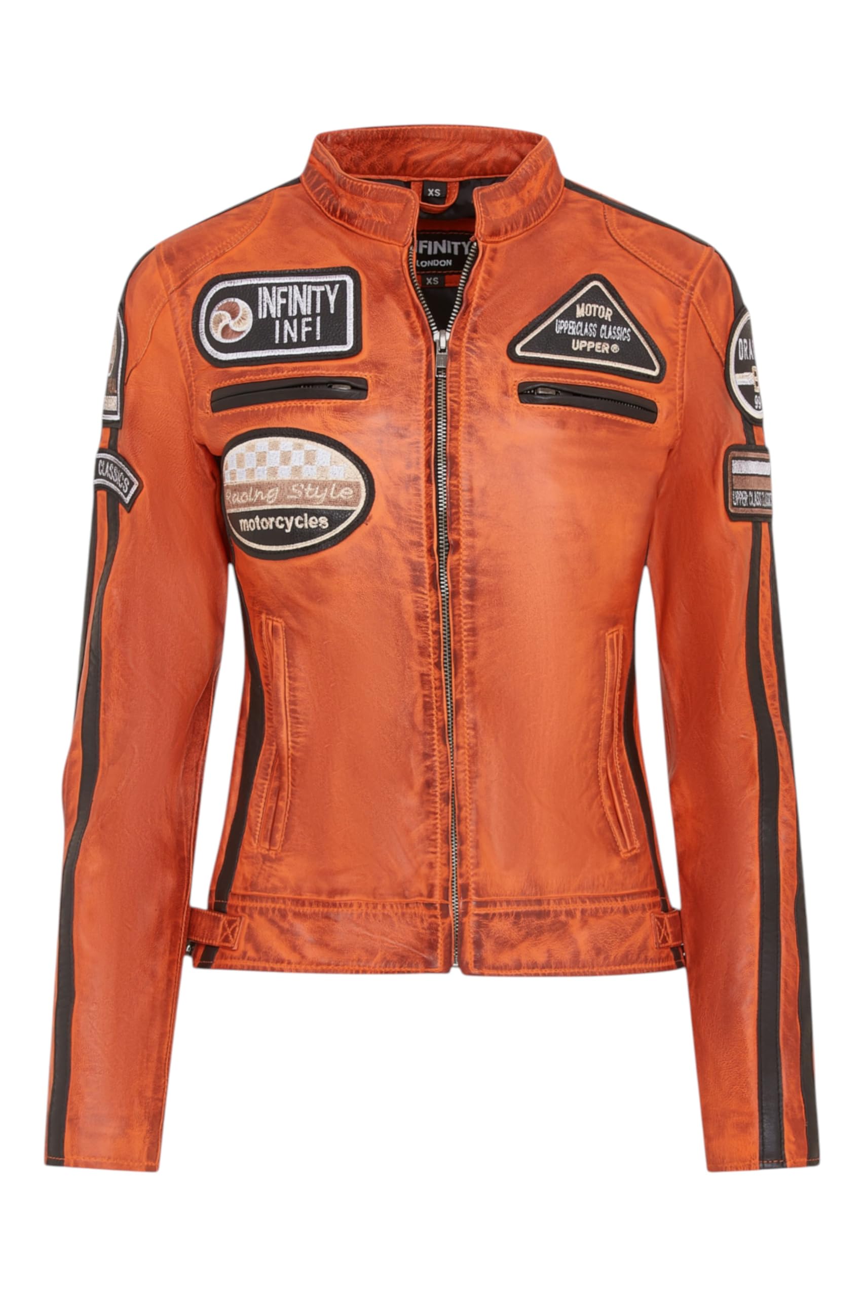 Infinity Leather Women's   Orange Biker Racing Badges Leather Jacket-Eastleigh in Size L, BrandAlley