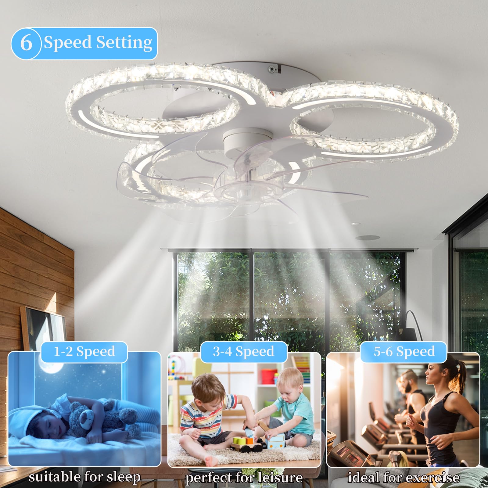 Ventilatore da soffitto a 3 anelli in cristallo con luci e telecomando, motore DC a 6 velocità, silenzioso, bianco, piccolo e moderno, ideale per camera da letto e soggiorno, con LED dimmerabile e fu