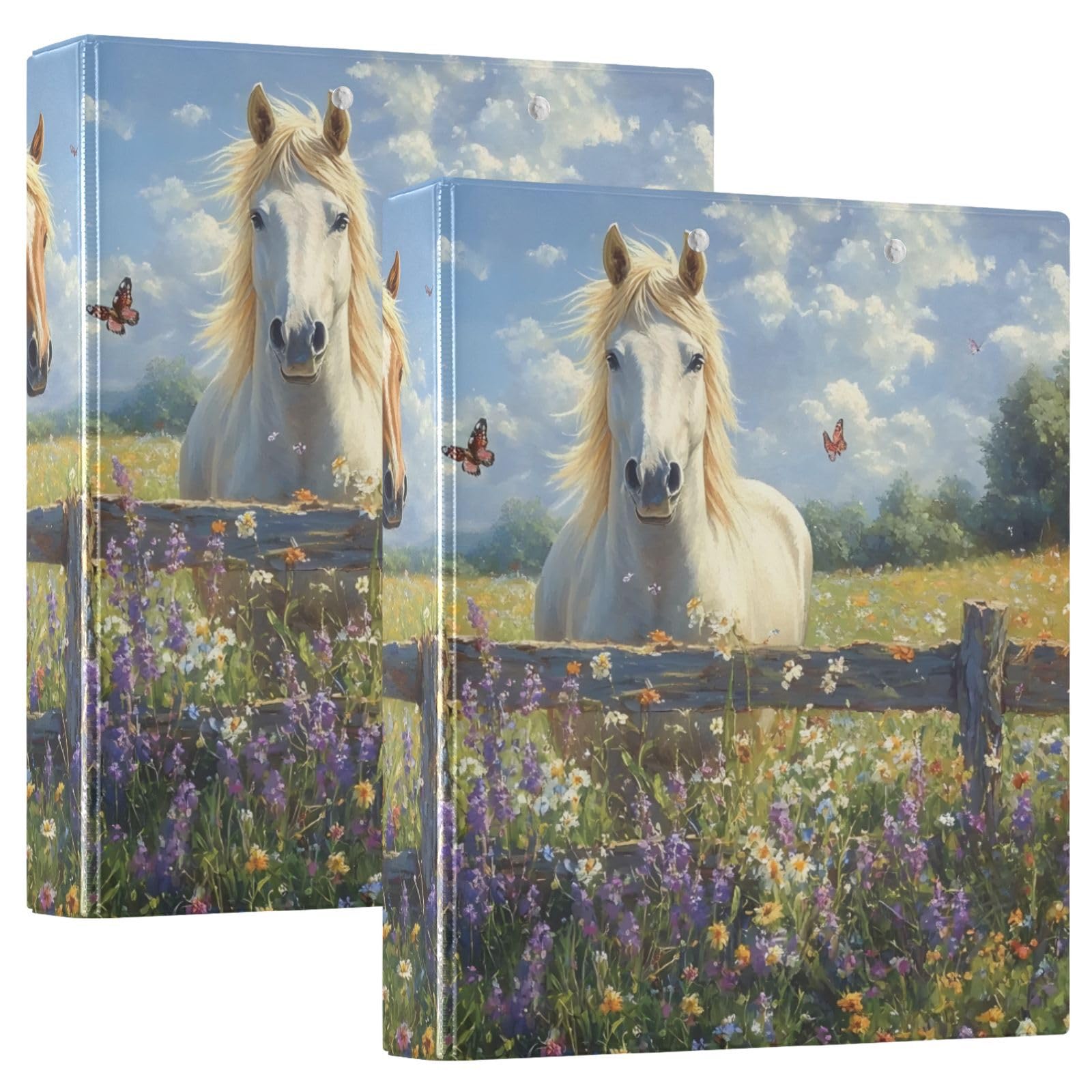 Horse Lavender White 3 Ring Binder with 2 Interior Pockets 1.5 inch Binders 3 Ring Heavy Duty Fit 8.5" x 11" Letter Size for Office School, 2 Pack