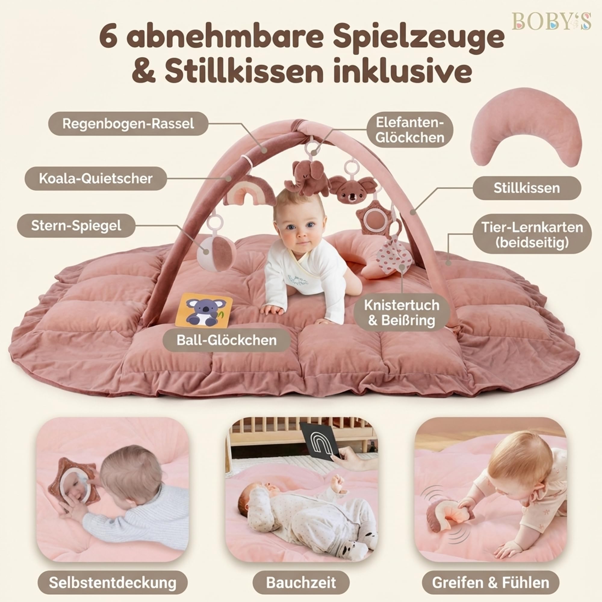 BOBY´S Baby Spielbogen mit Babynest & Krabbeldecke – Baby Gym mit Spielzeug – Spielmatte, Laufstall & Bällebad – weich gepolstert für Neugeborene (Rosa)