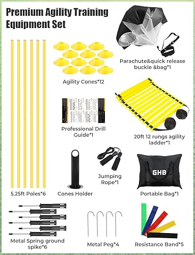 Miniatura 8 de GHB Soccer Agility Training Equipment, 6 Agility Poles, 20ft Speed Ladder, 12 Disc Cones, Resistance Parachute, Jump Rope, 5 Resistance Bands,