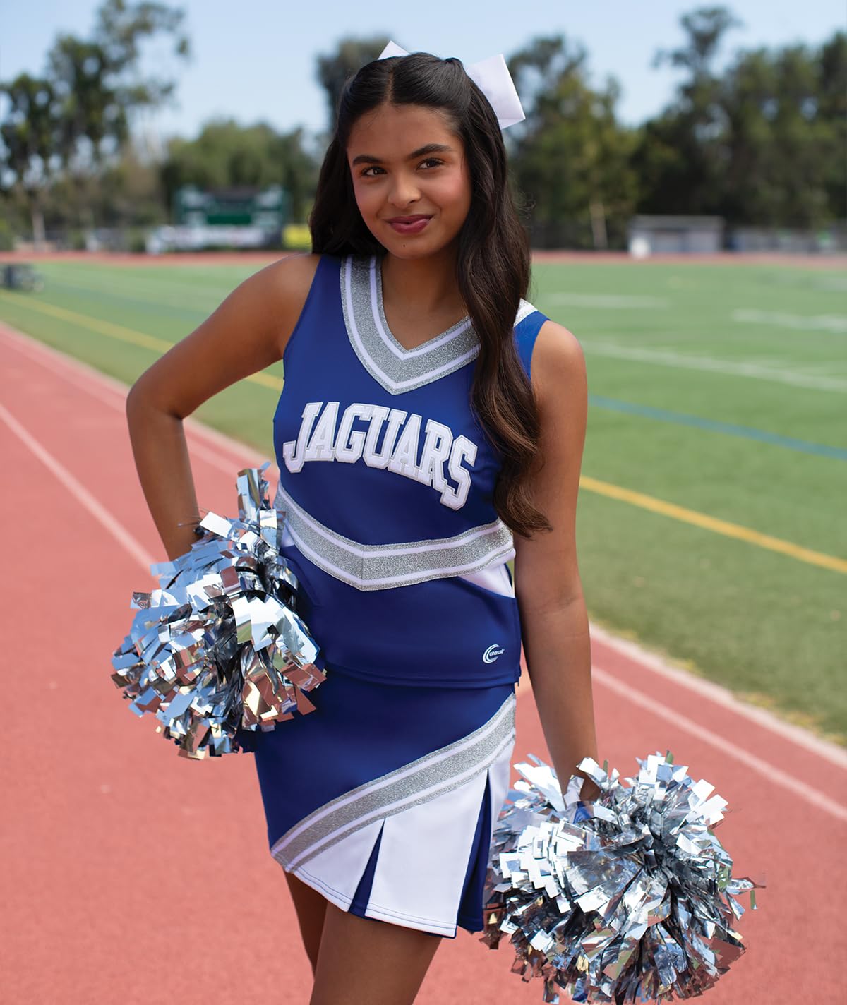 chassé Cheerleading Uniform Top for Girls - Blaze Boost, Fitted V-Neck Shell Top (AM, Black/White/Metallic Silver)