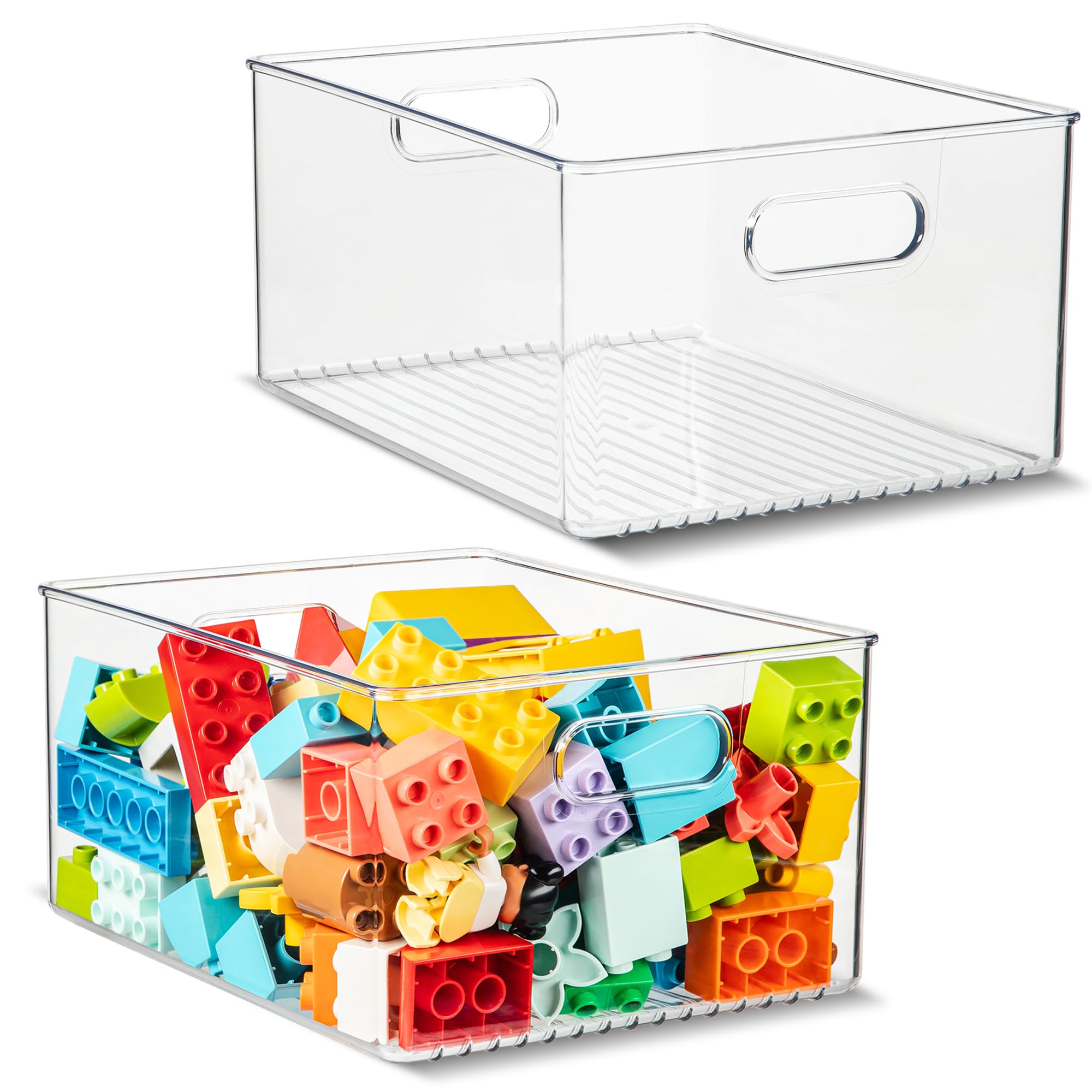 Plastic Food Storage 2 Pack Clear Container Bin with Handles for Organizing Kitchen, Pantry, Refrigerator, Freezer, Pantry, Cabinet, Closet, Bathroom