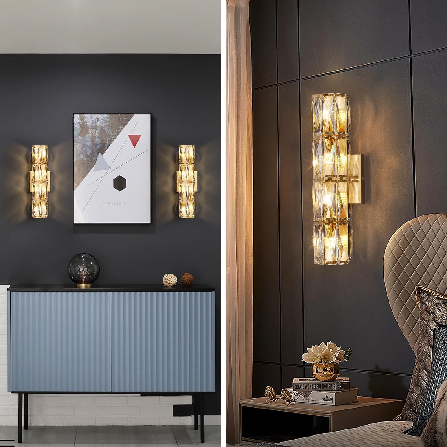 Crystal Wall Sconces Lighting, Modern Gold Wall Light Fixture, Elegant Vanity Wall Lighting Mount for Living Room Bedroom Bathroom Crystal Vanity Light Fixture for Indoor Hallway Doorway Stairway