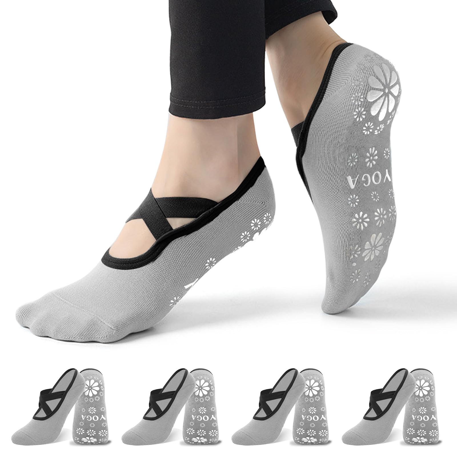 Calcetines de yoga y pilates, 4 pares de calcetines antideslizantes para mujer, perfectos para EE. UU. 7-10