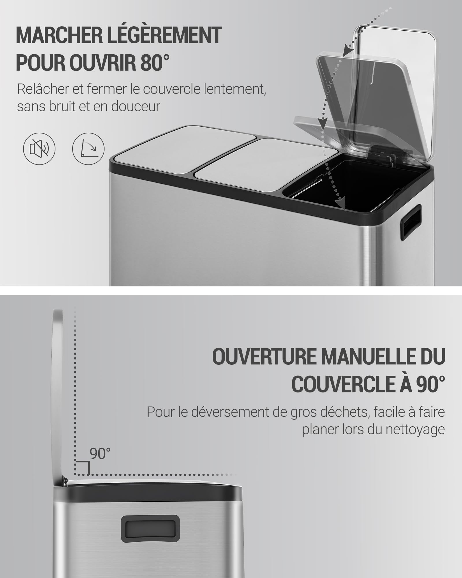 Hzuaneri Poubelle Cuisine, 45L (3 x 15L), Poubelle Tri Selectif 3, Poubelles Tri avec Pédales à code couleur, Ilencieux et retombe lentement, avec 15 Sacs Poubelles, pour Cuisine, Argent SW04599E