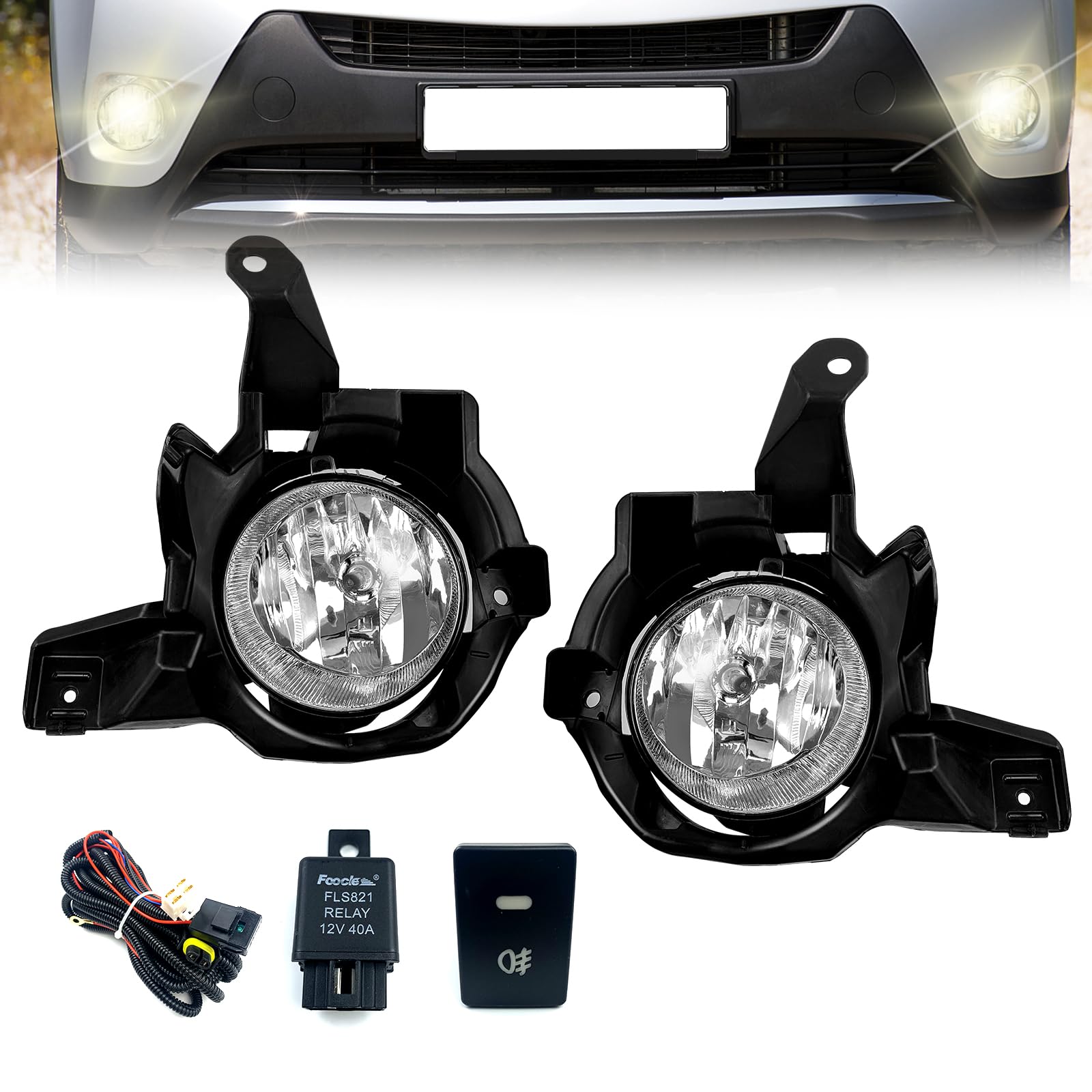 Nioboee Fog Lights Compatible With 2013 2014 2015 RAV4 Front Bumper Lights Halogen Bulbs with Switch and Harness Clear Lens Left Driver and Right