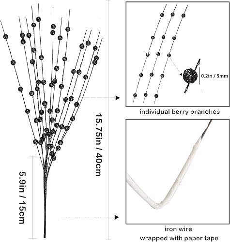 Miniatura 3 de Felice Arts Paquete de 6 tallos de bayas artificiales doradas con purpurina de 15.7 pulgadas, palillos de Navidad falsos con purpurina decorativa