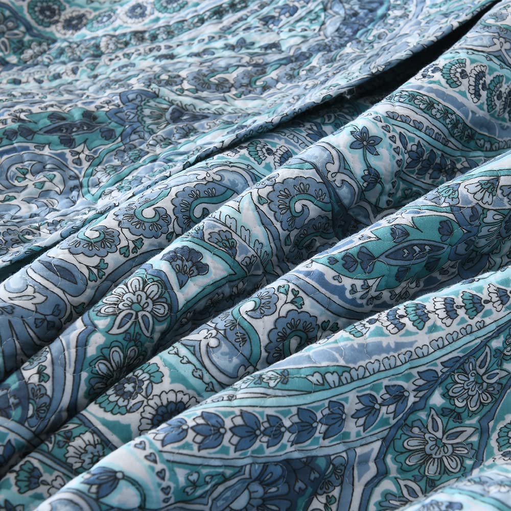 ENASAL Tagesdecke Bettdecke aus Baumwolle 220x240cm, Bettüberwurf 230x250cm für Doppelbett mit Blauen Paisley Blumen, Ganzjahresdecke Gesteppte Decke Steppdecke mit 2 Kissenbezug