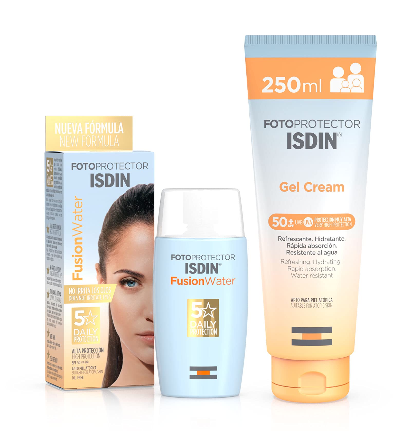 ISDIN PACK Protector Solar Corporal Gel Crema SPF 50+, Protector Solar Facial Fusion Water SPF 50