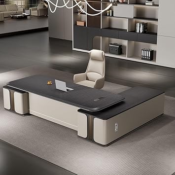 L-Shaped Executive Desk, Large CEO Desk, with Side Filing Cabinet | With a keypad drawer and multi-functional socket, suitable for homes and CEO offices, CEO