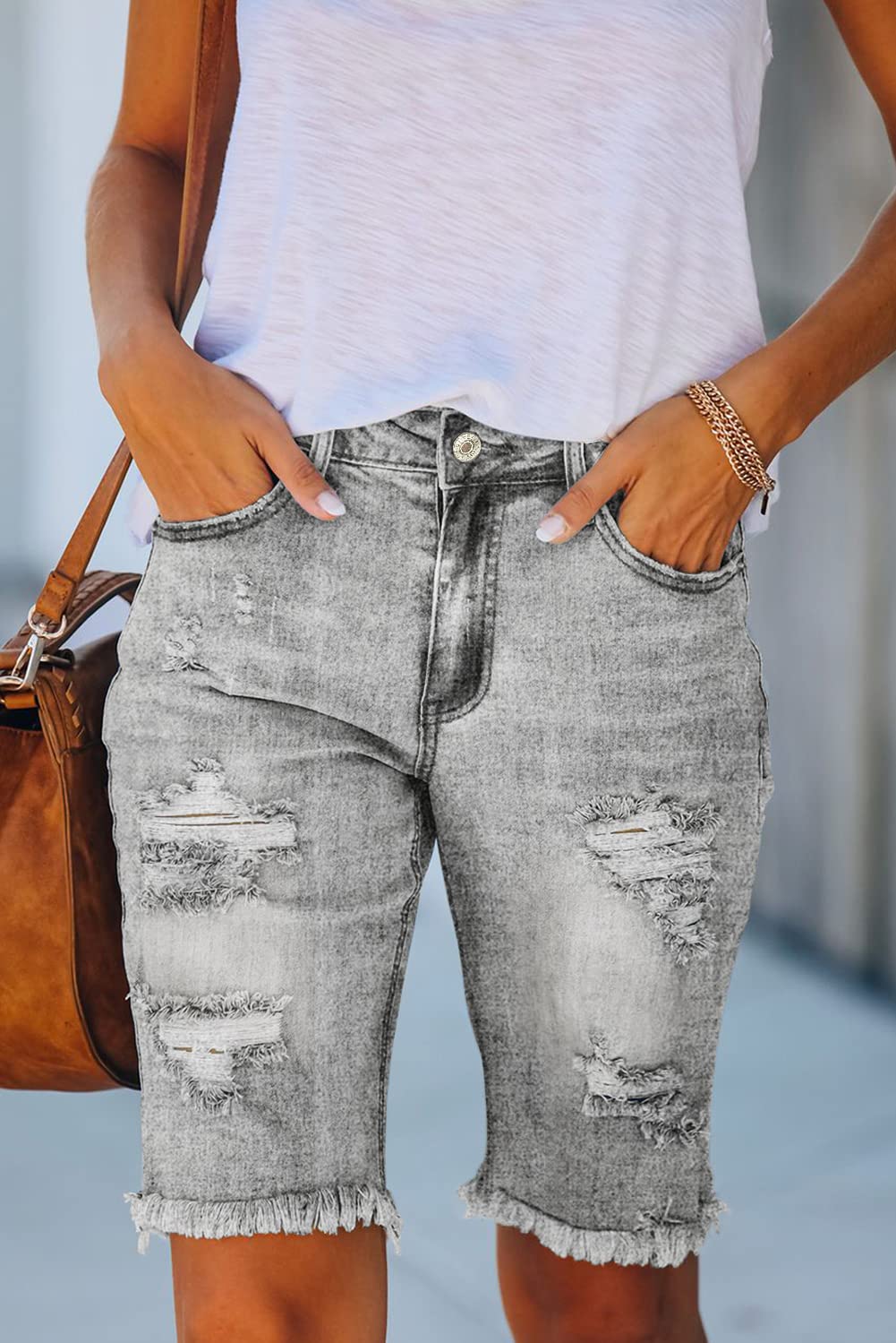 Alaster Queen Bermuda pour Femmes Bermuda en Denim à Taille Moyenne avec Revers de Manche