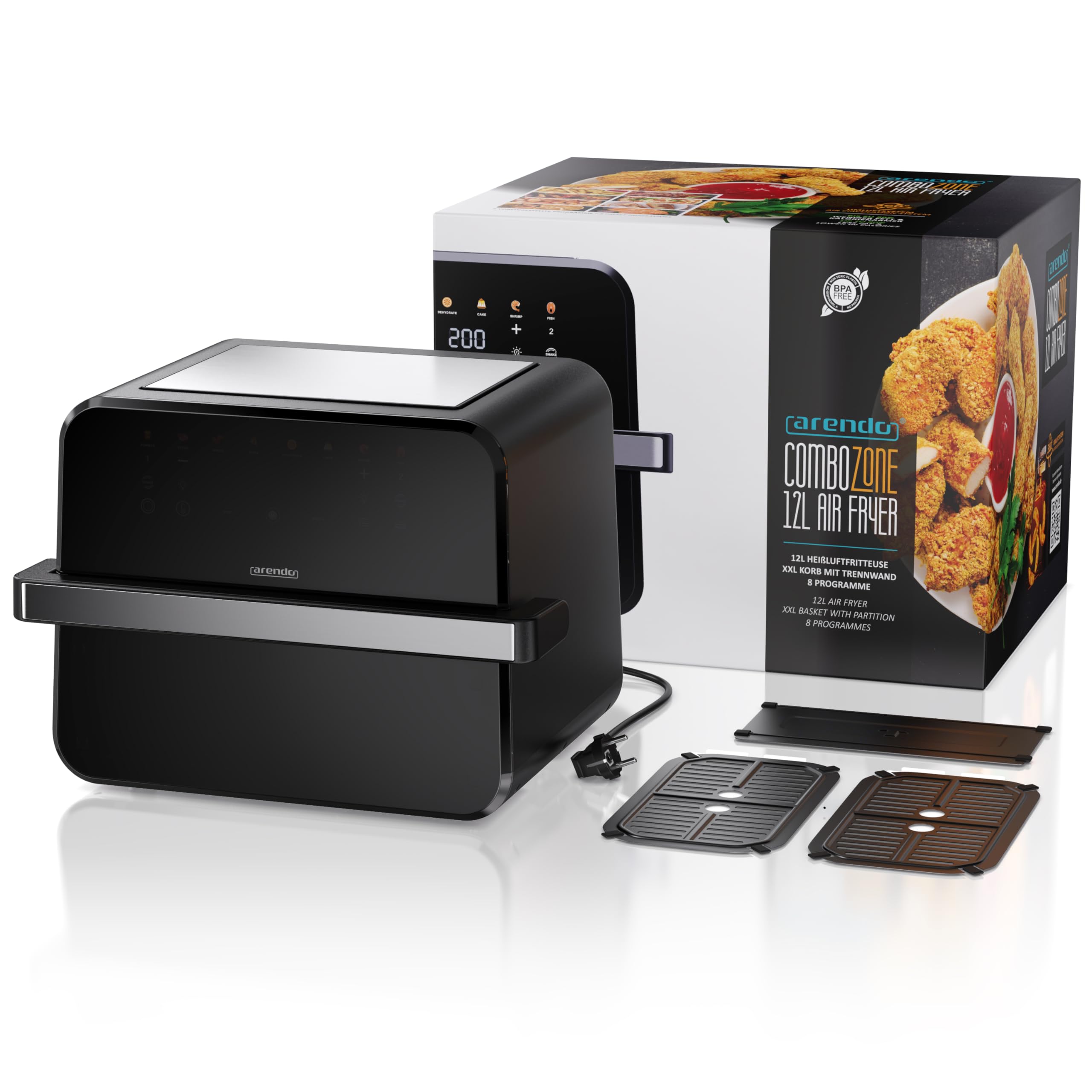 Arendo - XXL Heißluftfritteuse 12 Liter - 2 Kammern trennbar / 1 Kammer Match Funktion - extra Groß - Backofen Umluft - Grill - Airfryer mit Fenster - Fritteuse ohne Öl - Pizza Hähnchen Pommes