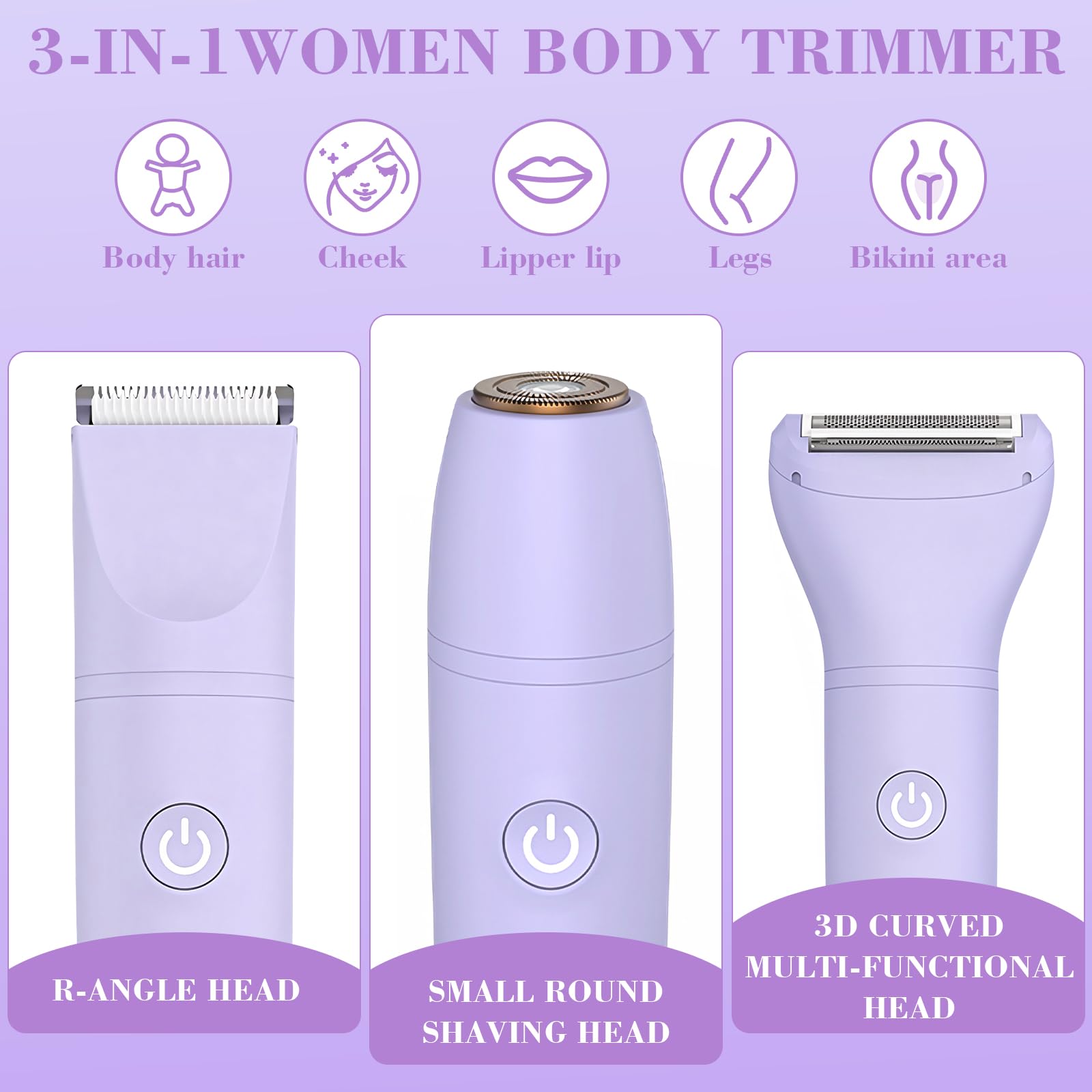 MIFXIN Rasoio elettrico 3 in 1 per le donne trimmer bikini IPX6 impermeabile bagnato asciutto epilatore per bikini ascelle gambe braccia corpo viso (viola)