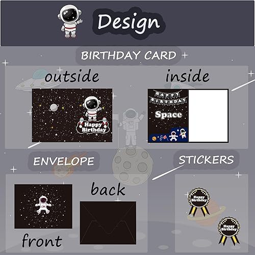 Miniatura 3 de Sumerk 1 tarjeta de cumpleaños espacial con sobre y calcomanías, tarjeta de cumpleaños de astronauta, divertidos regalos de cumpleaños, decoraciones