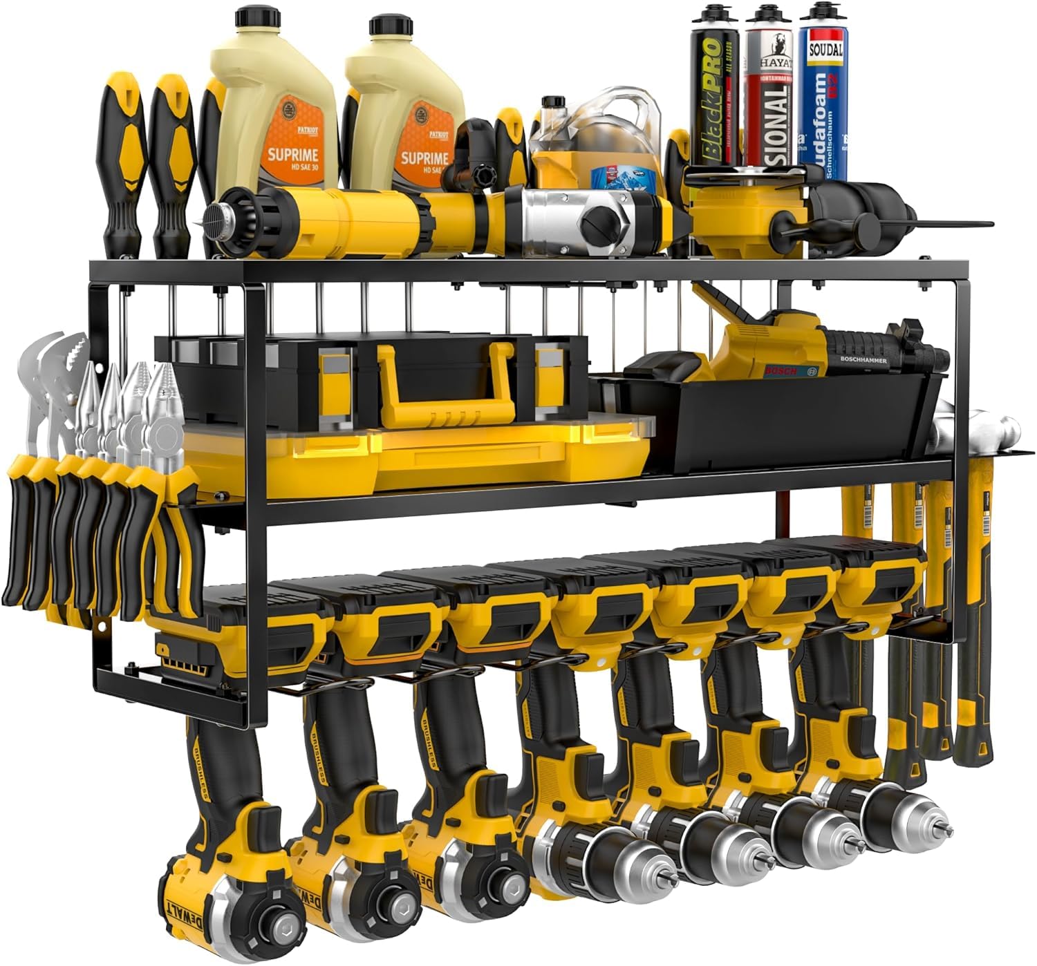 Porta attrezzi da parete, Organizer per utensili elettrici con 7 Supporto Trapano e supporto per cacciavite laterale, per l'organizzazione del garage