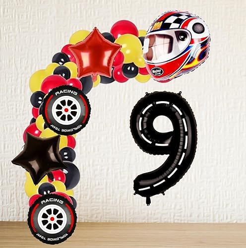 Miniatura 5 de Globo de auto de carreras número 9, globo grande de Mylar Road 9 de 40 pulgadas para niños, decoraciones rápidas de 9 cumpleaños, ruedas de