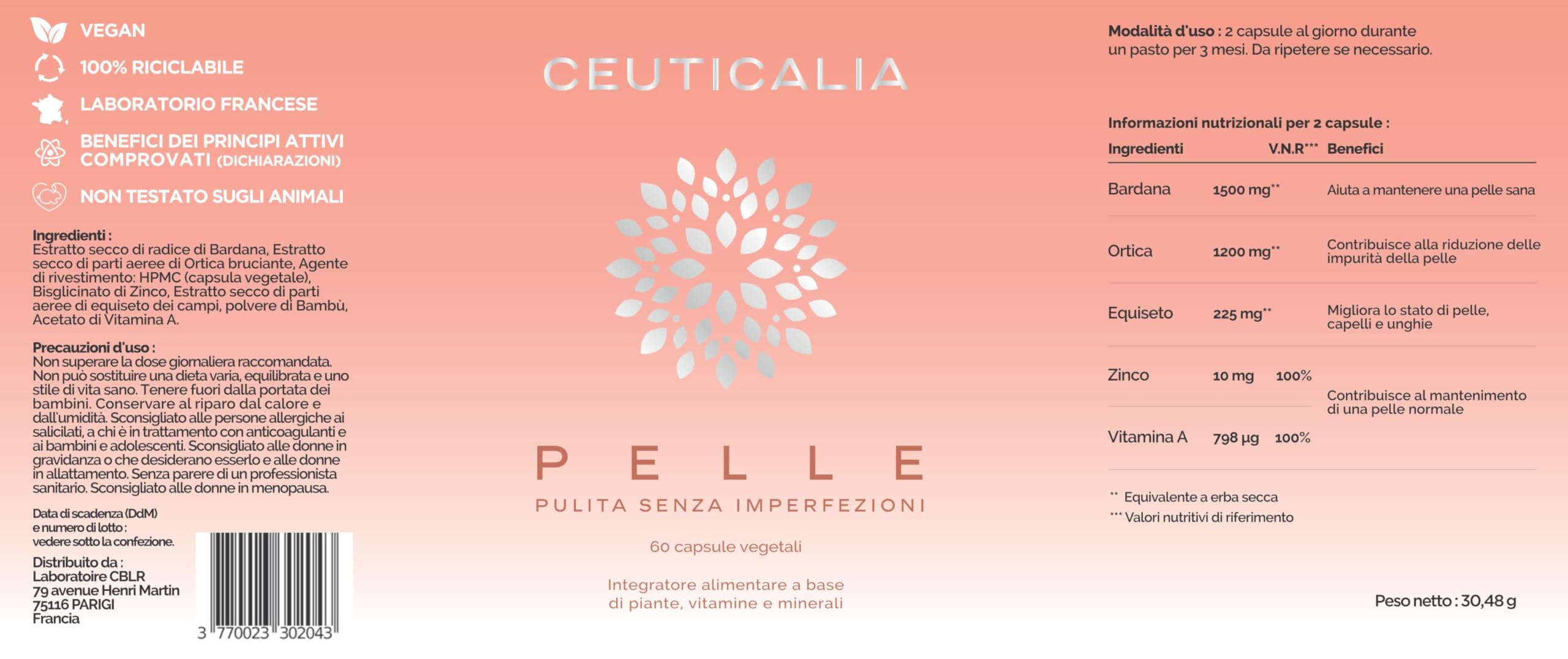 Integratore Alimentare per la Pelle - Punti Neri, Acne, Pelle Grassa o Secca, Brufoli, Imperfezioni - Uomini, Donne - Zinco, Vitamina A, Ortica, Bardana, Equiseto - 180 Capsule, 90 Giorni
