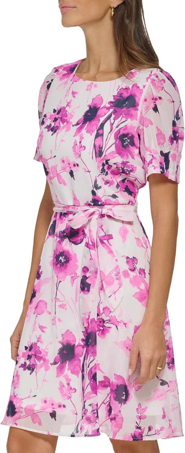 DKNY Women's Puff Sleeve Tie Waist A-line Mini Dress