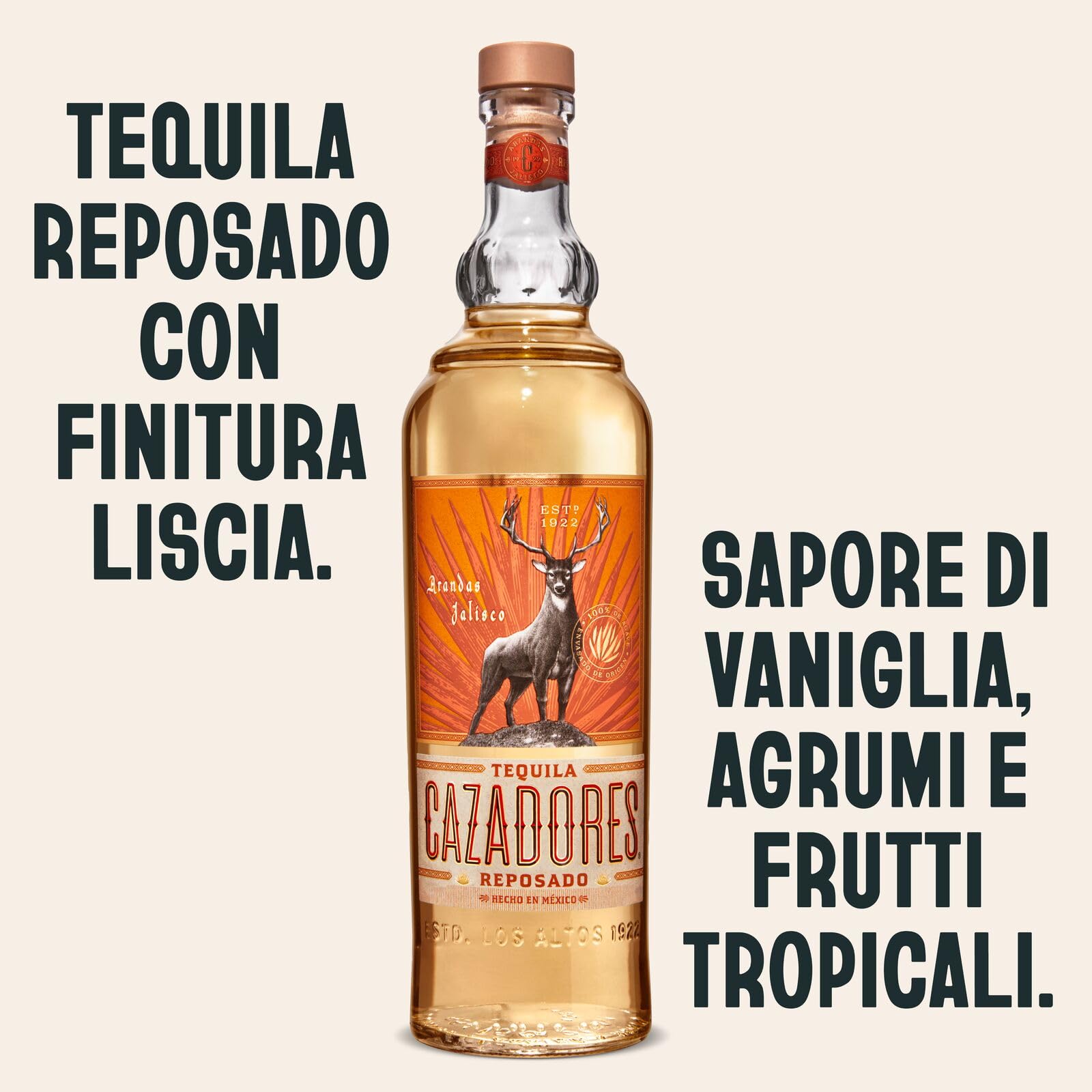 CAZADORES Tequila Reposado, 40% ABV, 70cl / 700ml, Alcool Bidistillato Prodotto con 100% Agave Blu Weber