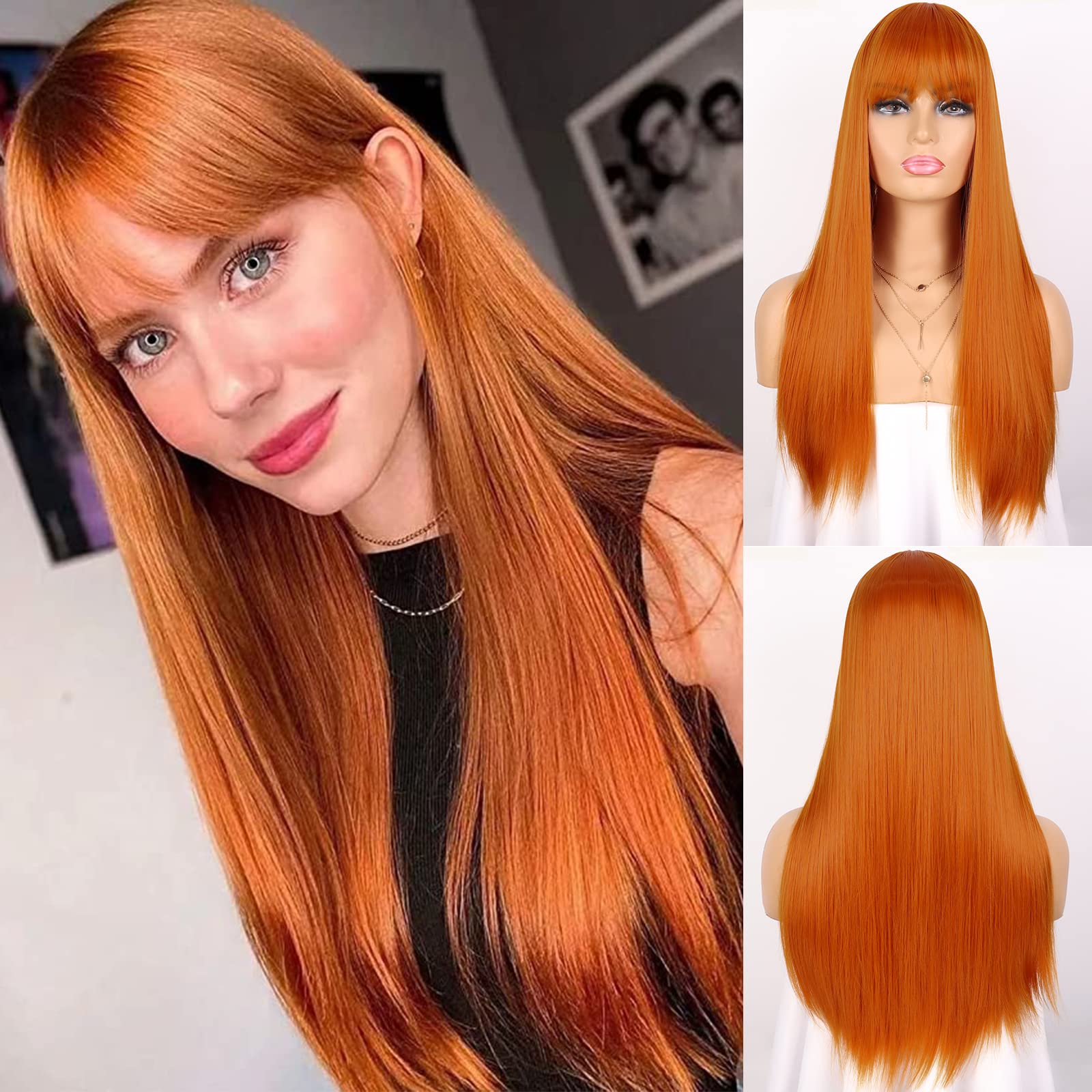 G&T WigGinger Orange Wigs with Bangs, Long Straight Synthetic Wigs for Women Girls, Copper Red Wigs, Auburn Wig Colored Wigs for Cosplay Halloween Christmas Party Use (26 inch, Ginger Orange)