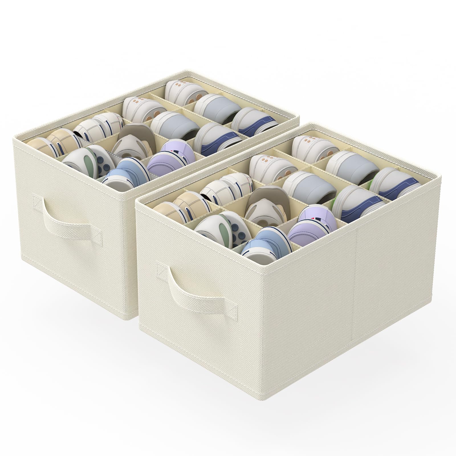 GUOHNHE Scatole per Scarpe, Adatto a 24 Paia, Organizer Armadio per Guardaroba, Scarpiera Salvaspazio Pieghevole, Portascarpe con 3 Maniglie, 42 x 32 x 26 cm, Beige, XSNX02BE-2