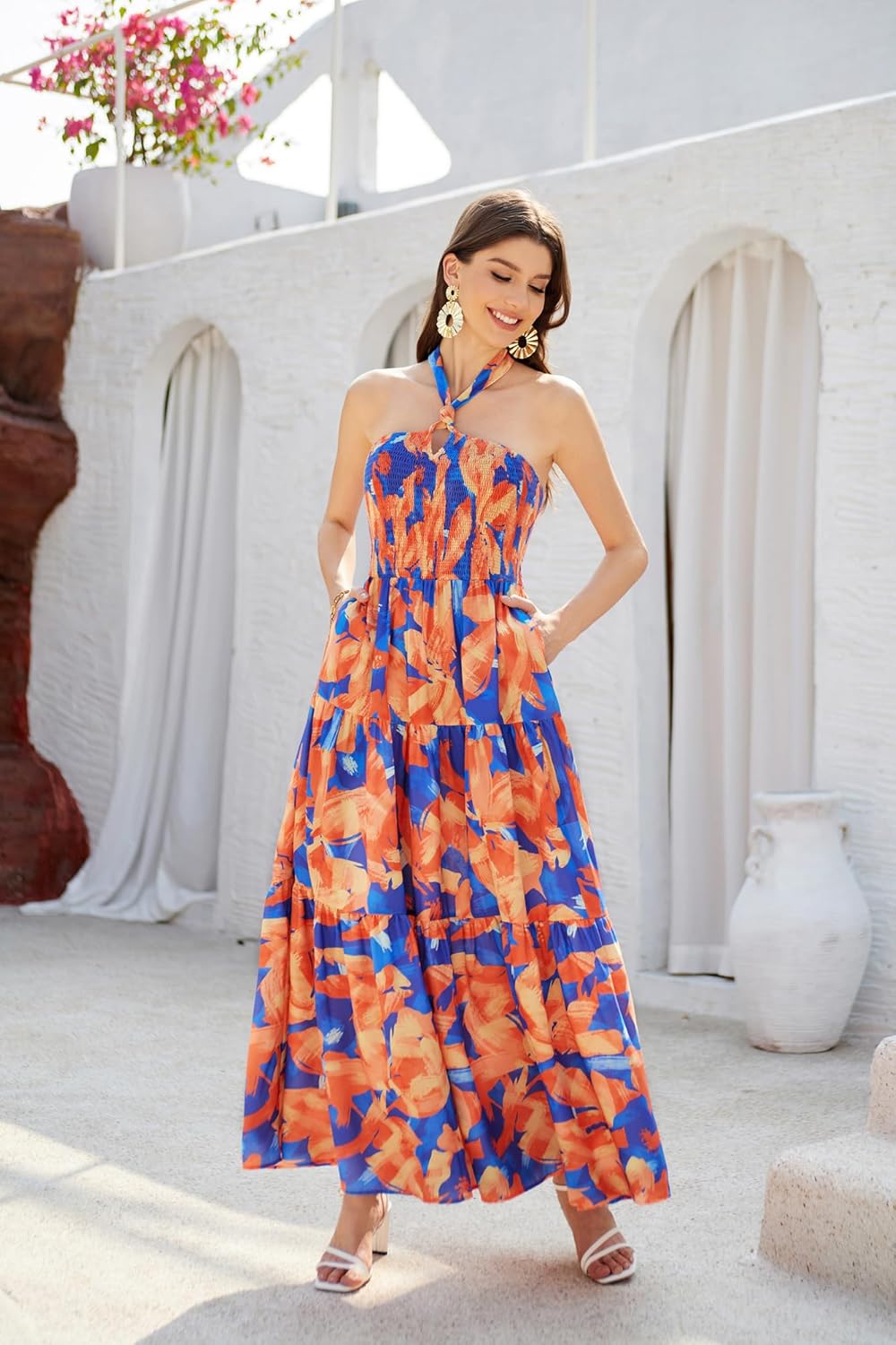 GRACE KARIN Women's Summer Dresses 2025 Halter Neck Sleeveless Smocked Backless Cut Out Floral Flowy A Line Maxi Dress - Image 3