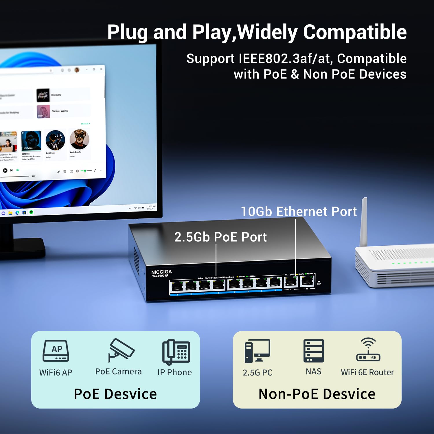 NICGIGA Switch PoE 2.5G No Gestionable 10 Puertos, 8X PoE+ 2.5G Base-T (130W), 2X Uplink 10G RJ45, Switch Ethernet Gigabit IEEE 802.3af/at para Punto de Acceso WiFi 6, NAS, NVR, Cámara 4K