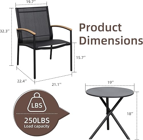 Miniatura 6 de Shintenchi Juego de 3 piezas de bistró de patio, juego de bistró de tela de textileno para exteriores, sillas de porche delantero de tela de