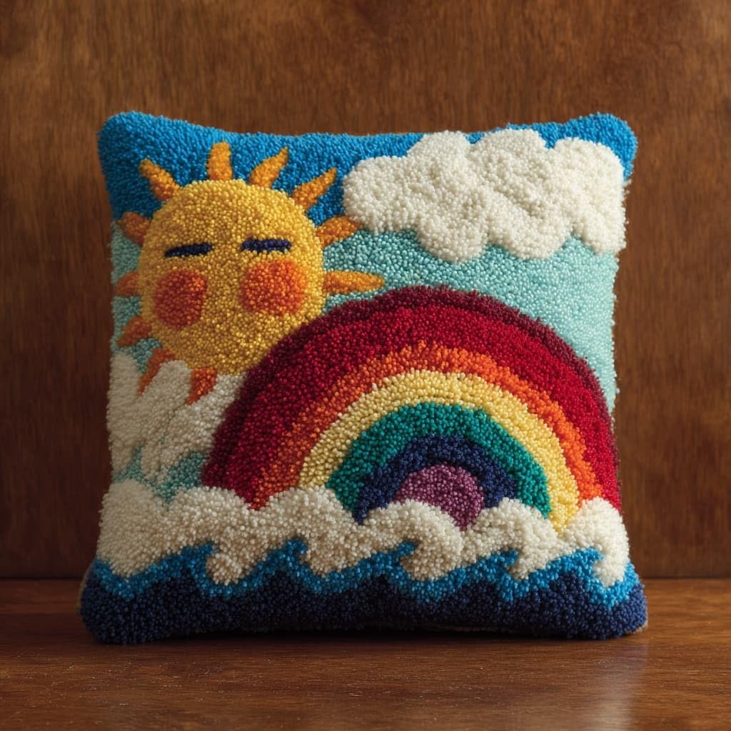 Henypt Latch Hook Cushion Making Set 17x17in,Rainbow and Sun Beginner Friendly DIY Needlecraft Craft Kit for Adults,Ideal for Sofa & Bedroom