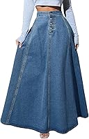 ebossy Women's Retro High Waisted Button Fly Flared Pleated Denim Maxi Skirt - Flowy A-Line Long Jean Skirt