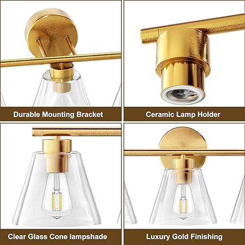 Miniatura 4 de Lámpara de tocador de oro cepillado, 3 luces de baño sobre el espejo, luces de tocador modernas, lámpara de pared para sala de estar, dormitorio,