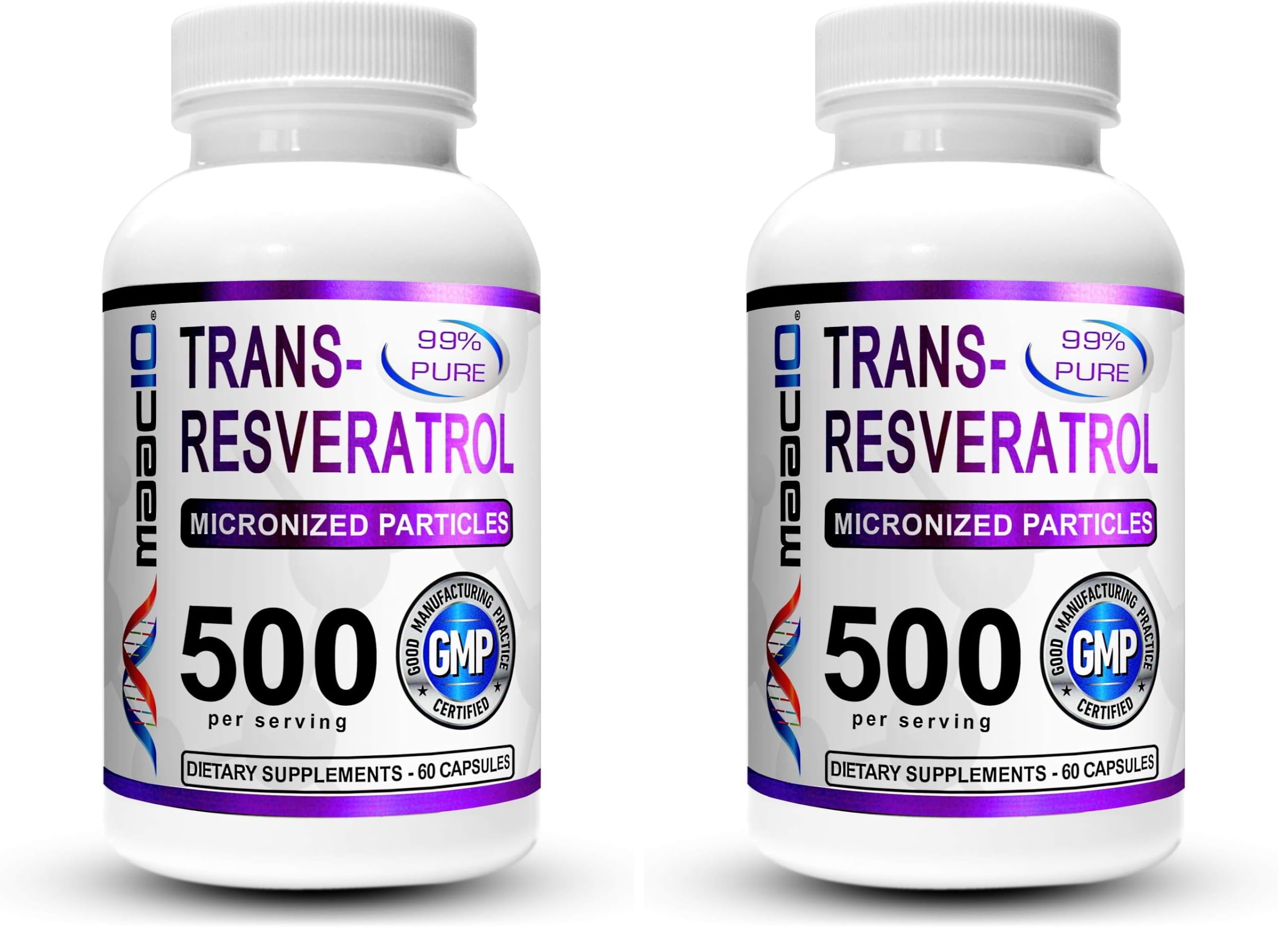 MAAC10 Trans Resveratrol 500mg Supplement (Micronized Pharmaceutical Grade 99% Pure Trans-Resveratrol Extract + BioPerine for Superior Absorption) (2X 250mg Capsules 60ct) (Pack of 2) 60 Count (Pack of 2)