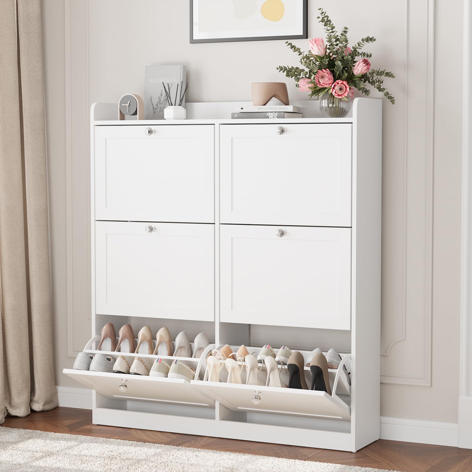 VOWNER Large Shoe Storage Cabinet with 6 Flip Drawers, Freestanding Shoe Organizer with Open Storage & Crystal Handle, Slim Narrow Shoe Rack Cabinet for Entryway, Foyer, Hallway, White