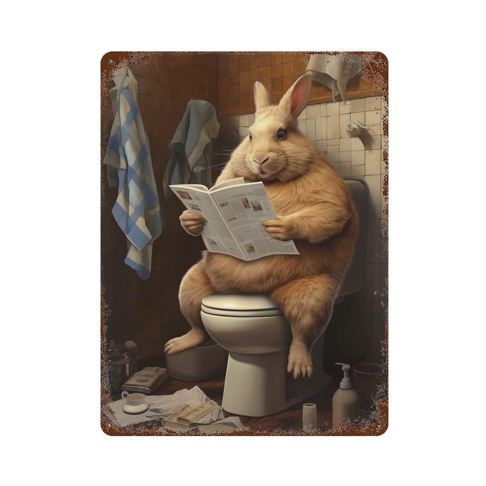 Rust Effect Fat Bunny Toilet Newspaper Distressed Metal Wall Sign 15.7"x11.8", Decorative Metal Wall Art for Living Room, Hallway And Home Decor