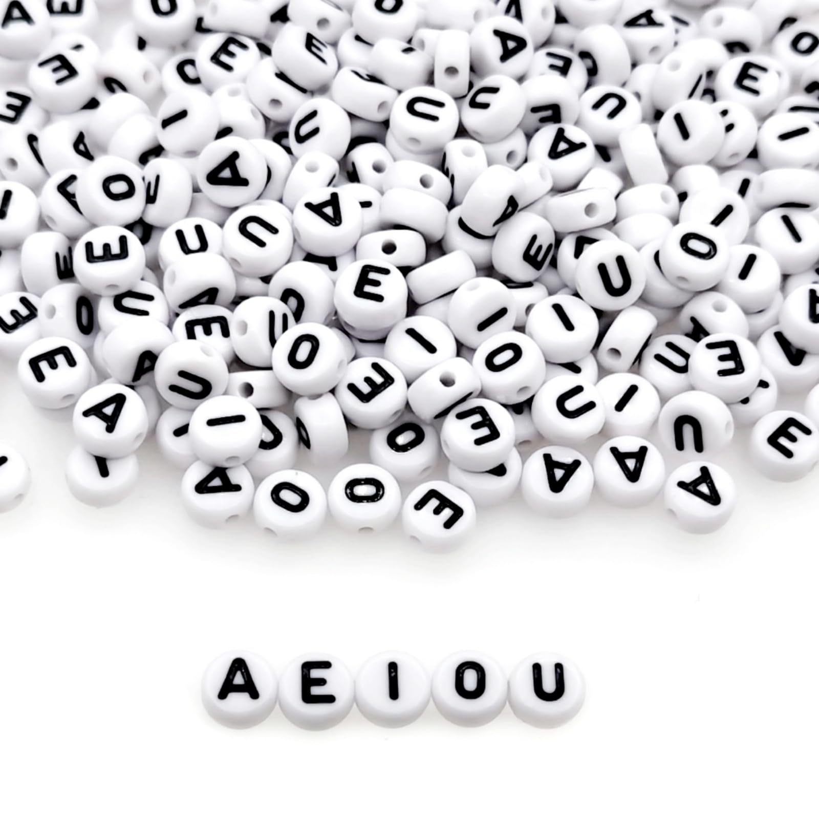 Amaney 300 Pieces 7×4mm White Cube Acrylic Black Alphabet Vowel Letter Beads A E I O U Each 60 Pieces for Jewelry Making Bracelets Necklaces Key Chains and Kids Jewelry