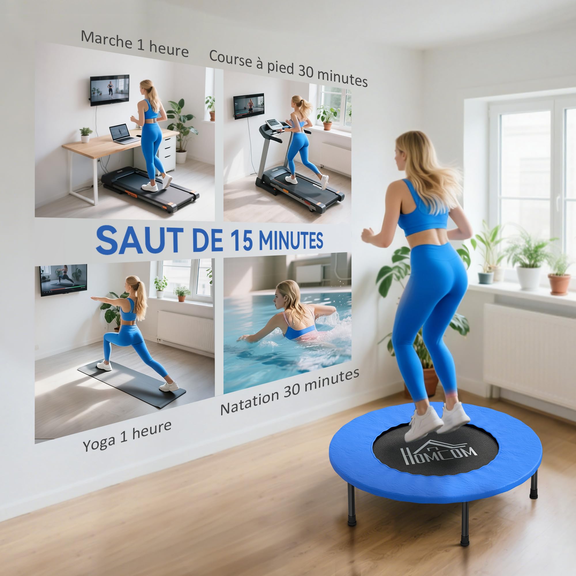 HOMCOM Mini Trampoline de Fitness, Ø 81 cm, Trampoline d'exercice avec Pieds antidérapants, capacité de 100 kg, Usage intérieur/extérieur, pour Gymnastique, entraînement, Bleu et Noir
