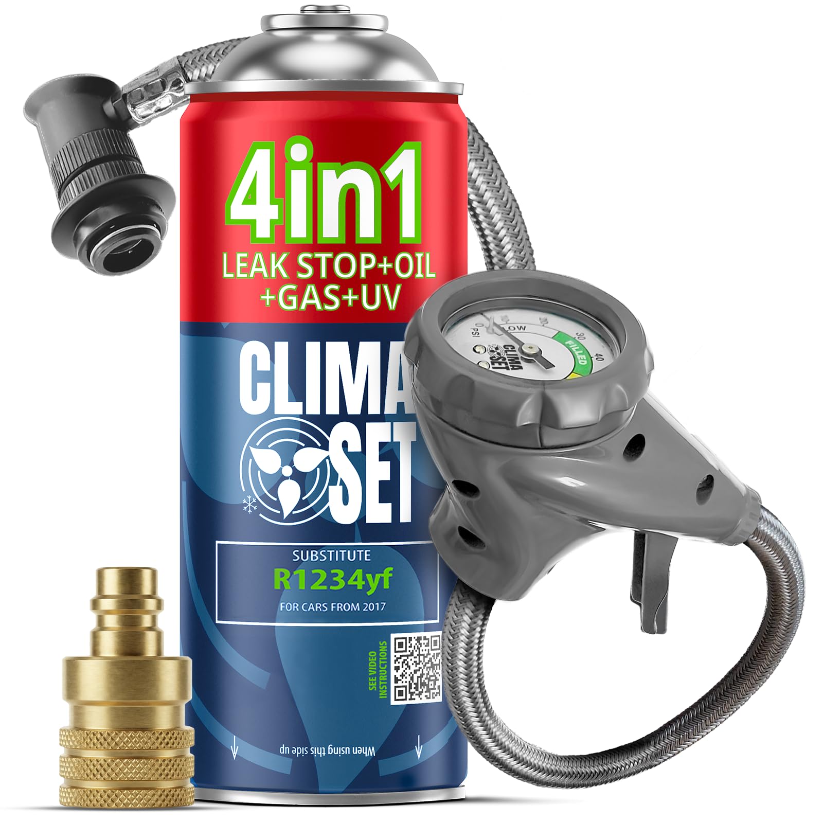 CLIMASET - Automotive AC Recharge Kit - Refrigerant & Oil R1234yf + Hose + YF Adapter - For Vehicles After 2016, Featuring a Modern Ergonomic Hose with Pressure Gauge
