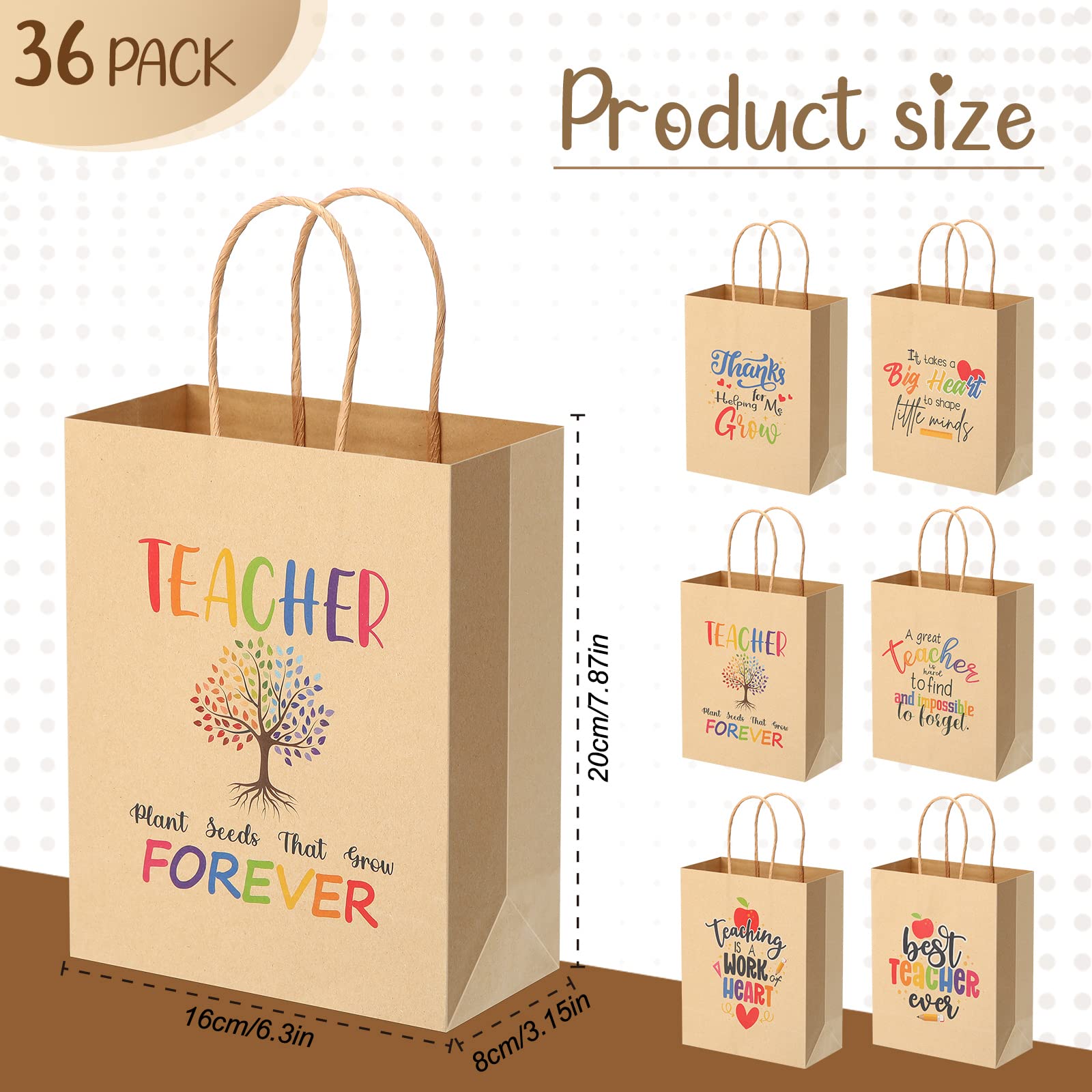 PerKoop 36 Pcs Teacher Appreciation Gift Paper Bag with Handles, Thank You Teacher Treat Present Bags for Teacher Appreciation Week, Birthday, Christmas Supplies(Kraft)