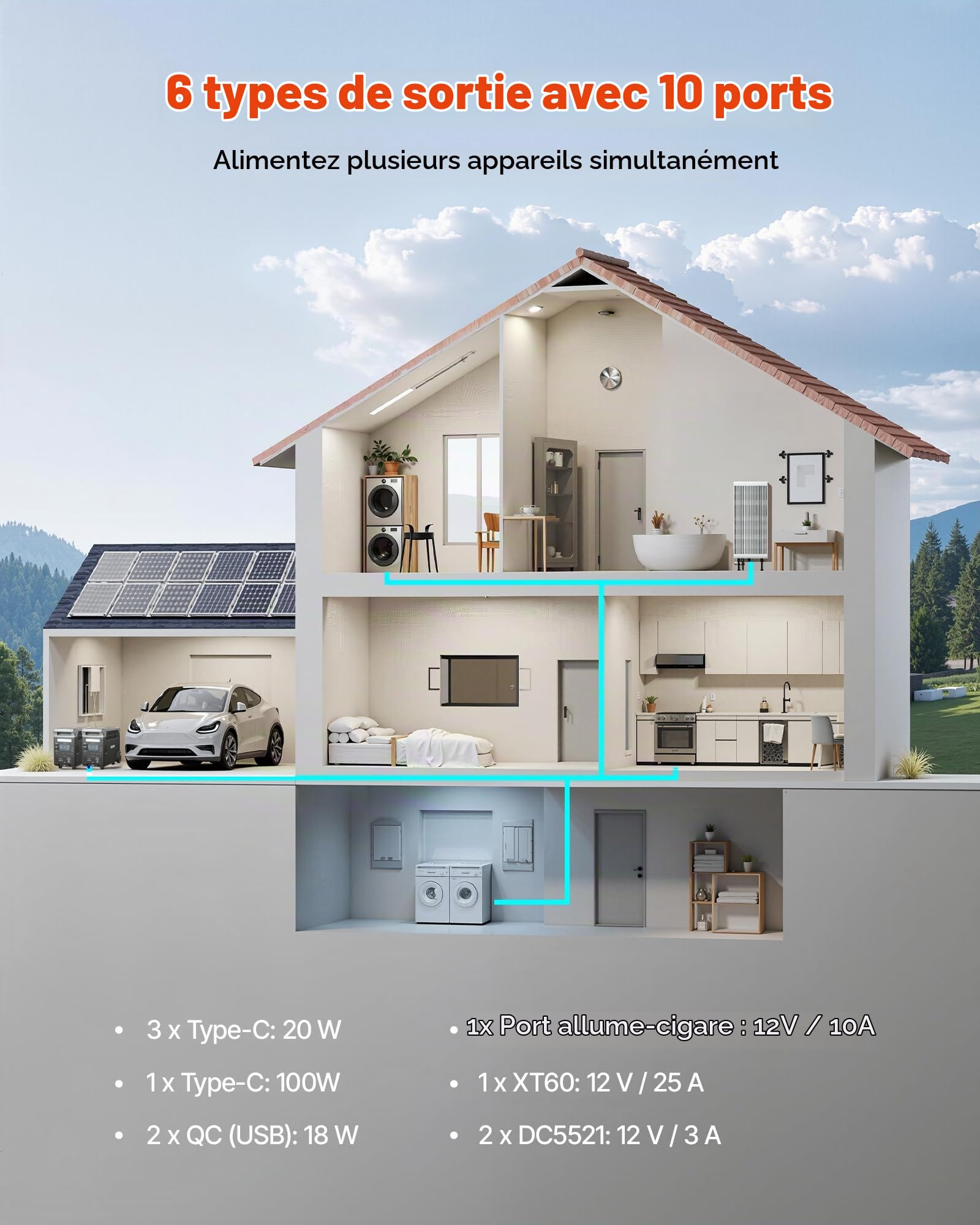VEVOR Station Électrique Portable, Générateur Solaire 3600 W 3840 Wh avec 10 Sorties, Puissance d'Entrée Réglable, Batterie de Secours LiFePO4 Extensible pour Camping-car (Panneau Solaire Non Inclus)