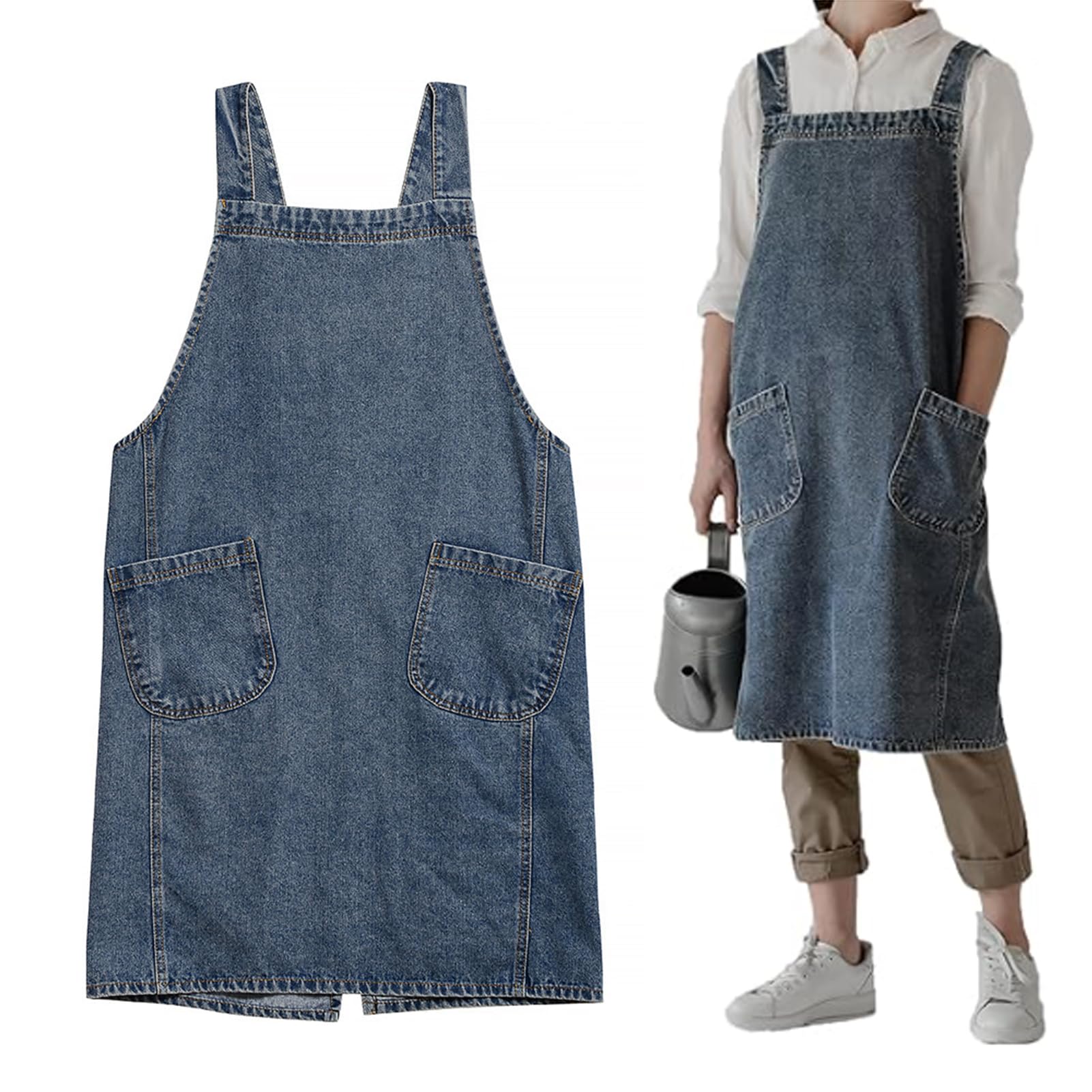 Marnovest Unisex Cross Back Denim Apron With No Ties and Pockets for Cooking and Baking (Blue)