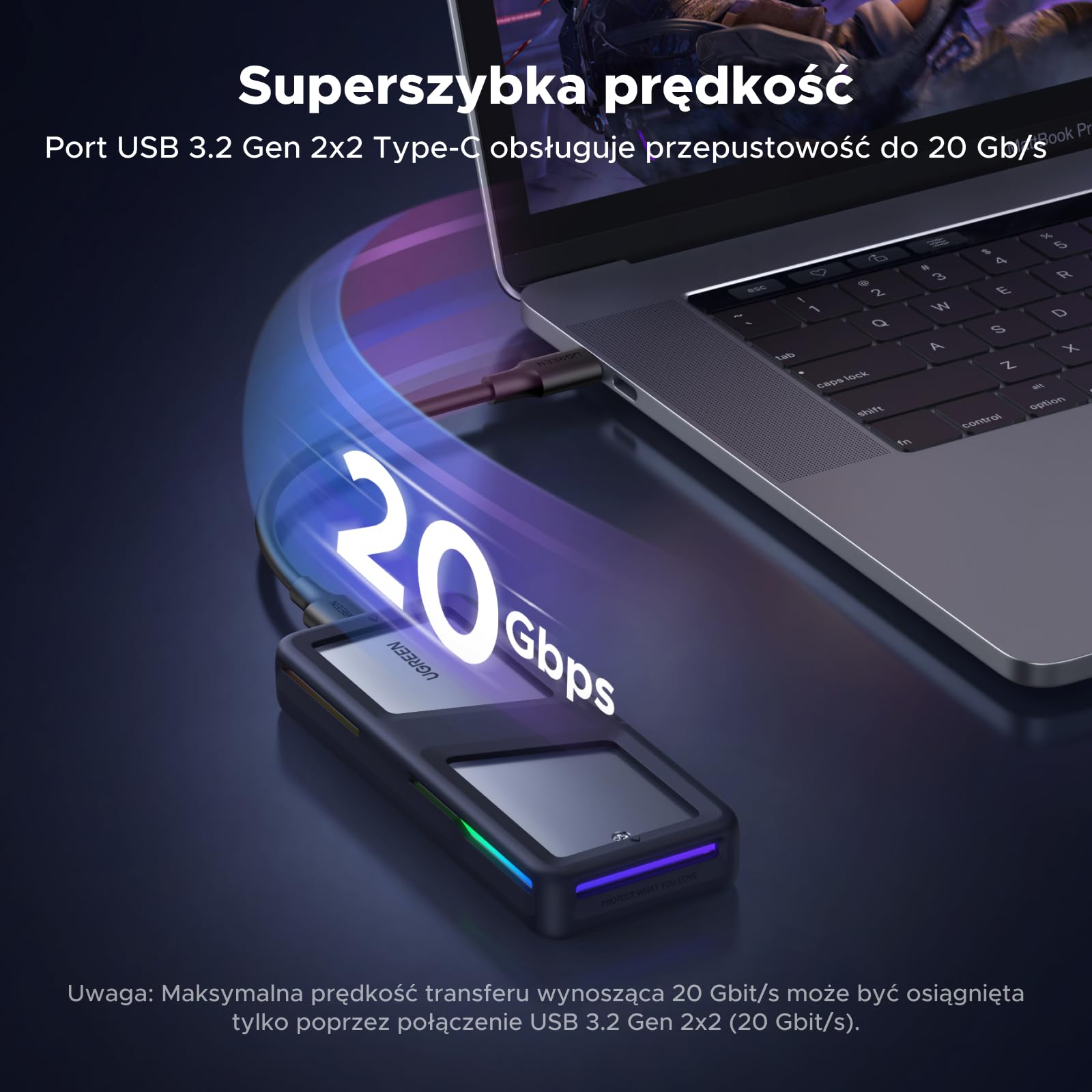 UGREEN RGB M.2 NVMe SATA SSD Enclosure 20 Gbps, obudowa USB C 3.2 Gen 2x2 M.2 SSD dla dysków NVME/SATA SSD 2230/2242/2260/2280 (M Key/B+M Key), kompatybilna z MacBookiem, HP 14pro, iPhone 16, PS5