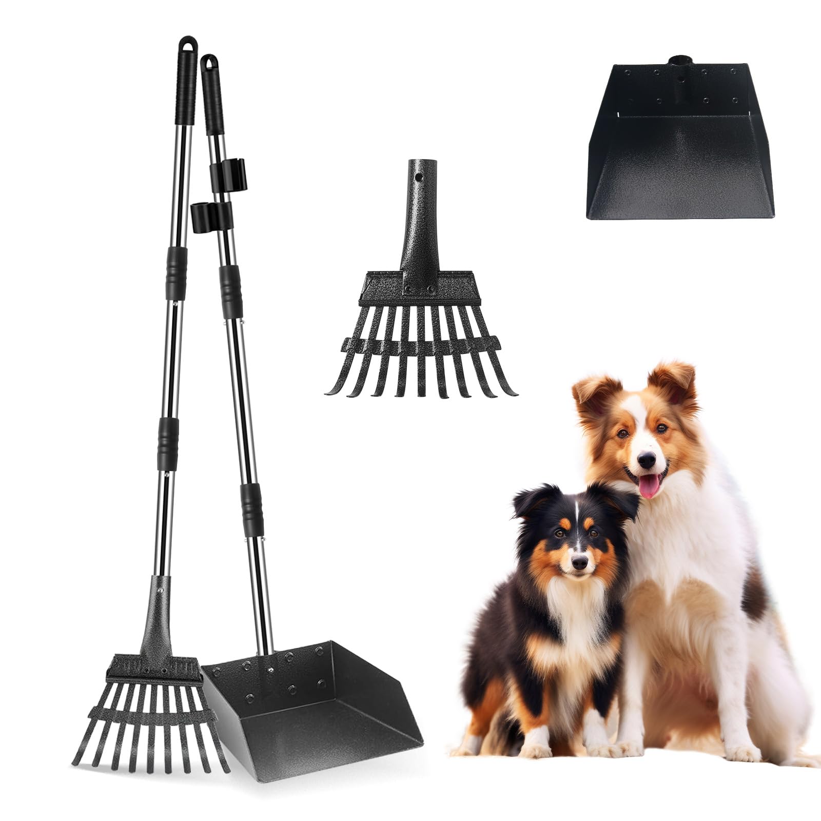 Ramasse Crotte pour Chien, RâTeau & Pelle, Manche Long Réglable Palette en Métal, Kit de Ramasse Crotte de Jardin pour Chiens de Grande Moyenne et Petite Taille, Incassable - 2 Pack