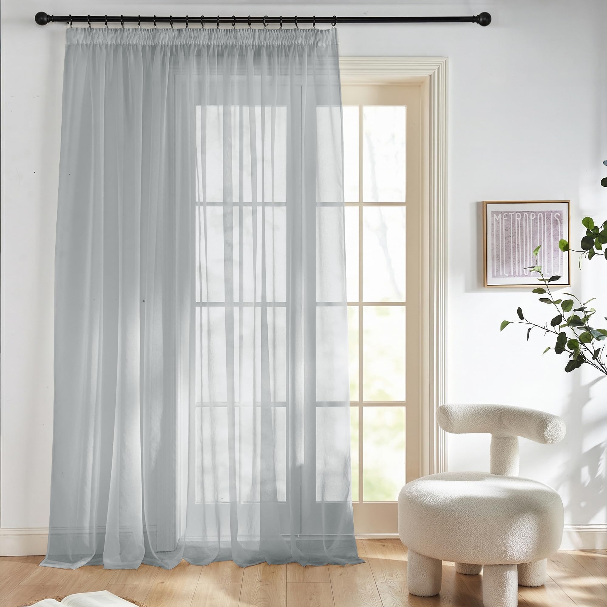 PONY DANCE Extra Breite Gardinen Grau für Schienensystem Wohnzimmer 1er Set H 245 x B 300 cm Raumteiler Vorhang Transparent mit Kräuselband Voile Gardinen Durchsichtig, Grau