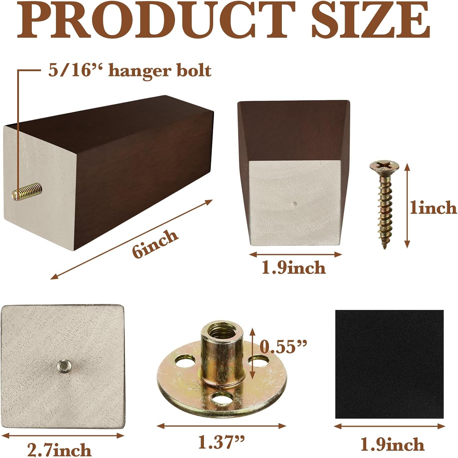 Hoteam Set of 8 Wood Furniture Legs 6 Inch Square Furniture Couch Sofa Dresser Legs Mid-Century Chair Feet Sofa Replacement Parts for Sideboard Recliner Coffee Table DIY Projects Living Room (Brown)