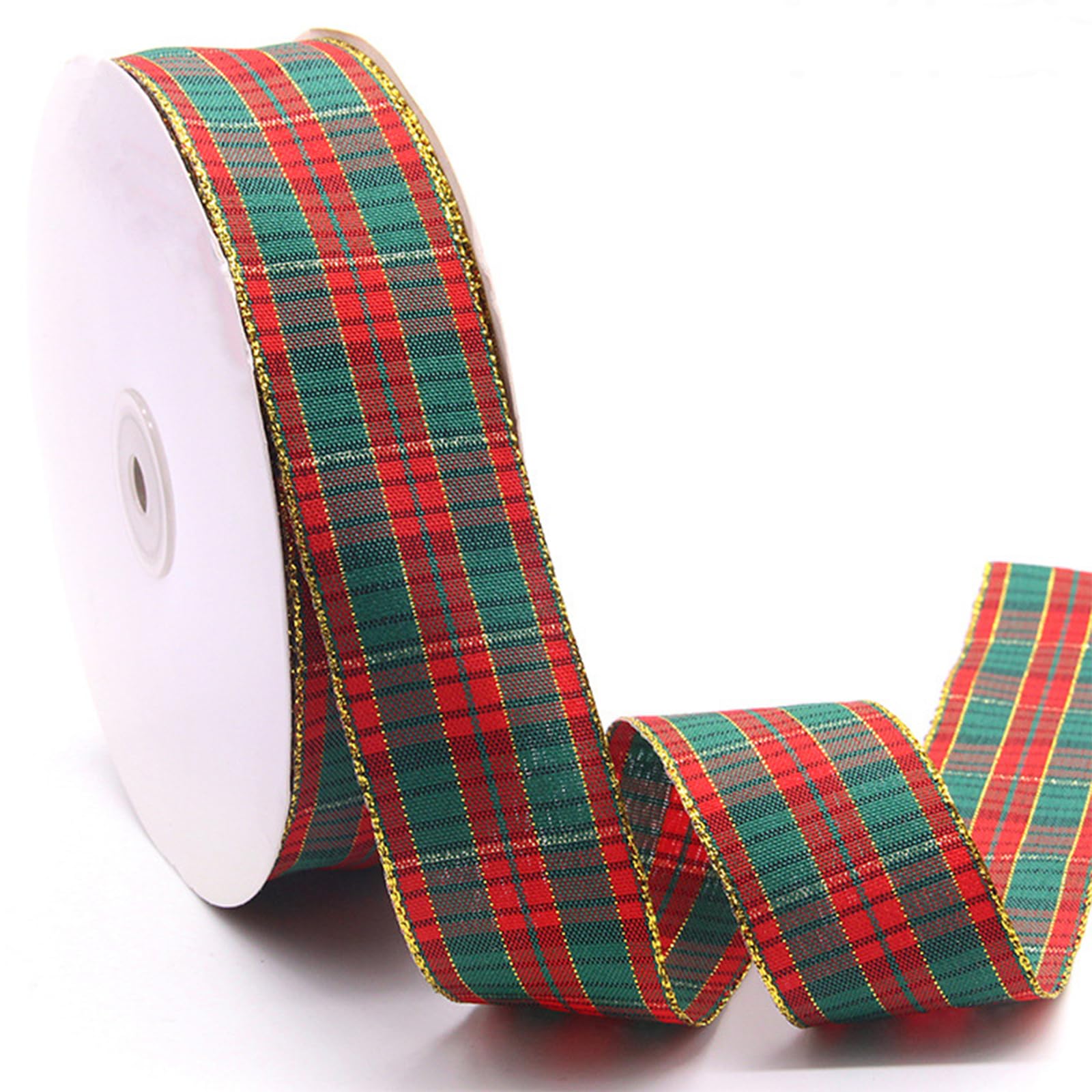 Trovebox Tartan Ribbon 25 Yard x 40MM Red Green Gold Christmas Ribbons Polyester Gold Edge Gingham Ribbon for Gift Wrapping, Crafting (40MM)
