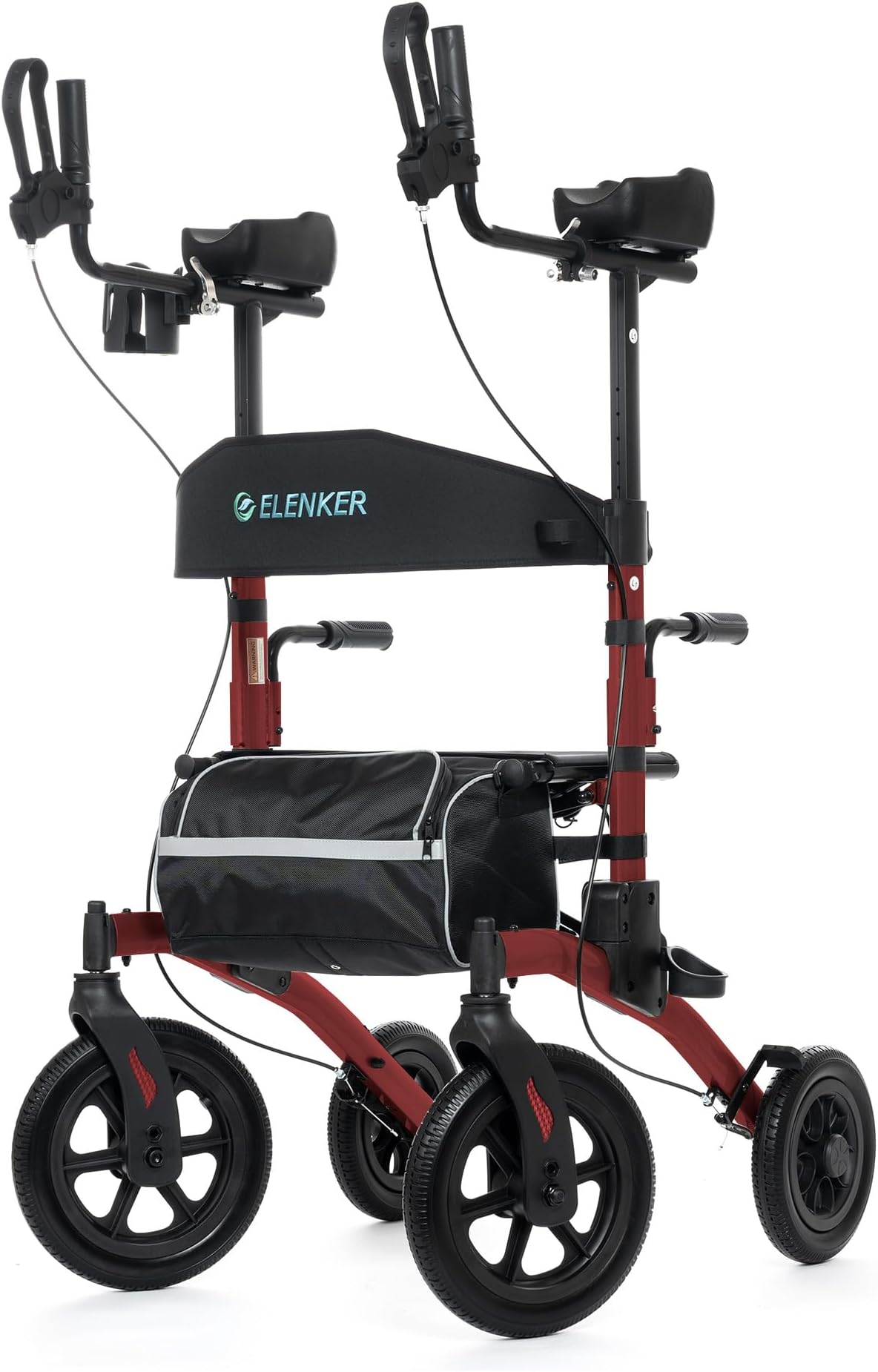 ELENKER All-Terrain Upright Rollator Walker, Stand up Rolling Walker with Seat, 12” Non-Pneumatic Tire Wheels, Compact Folding Design for Seniors, Red